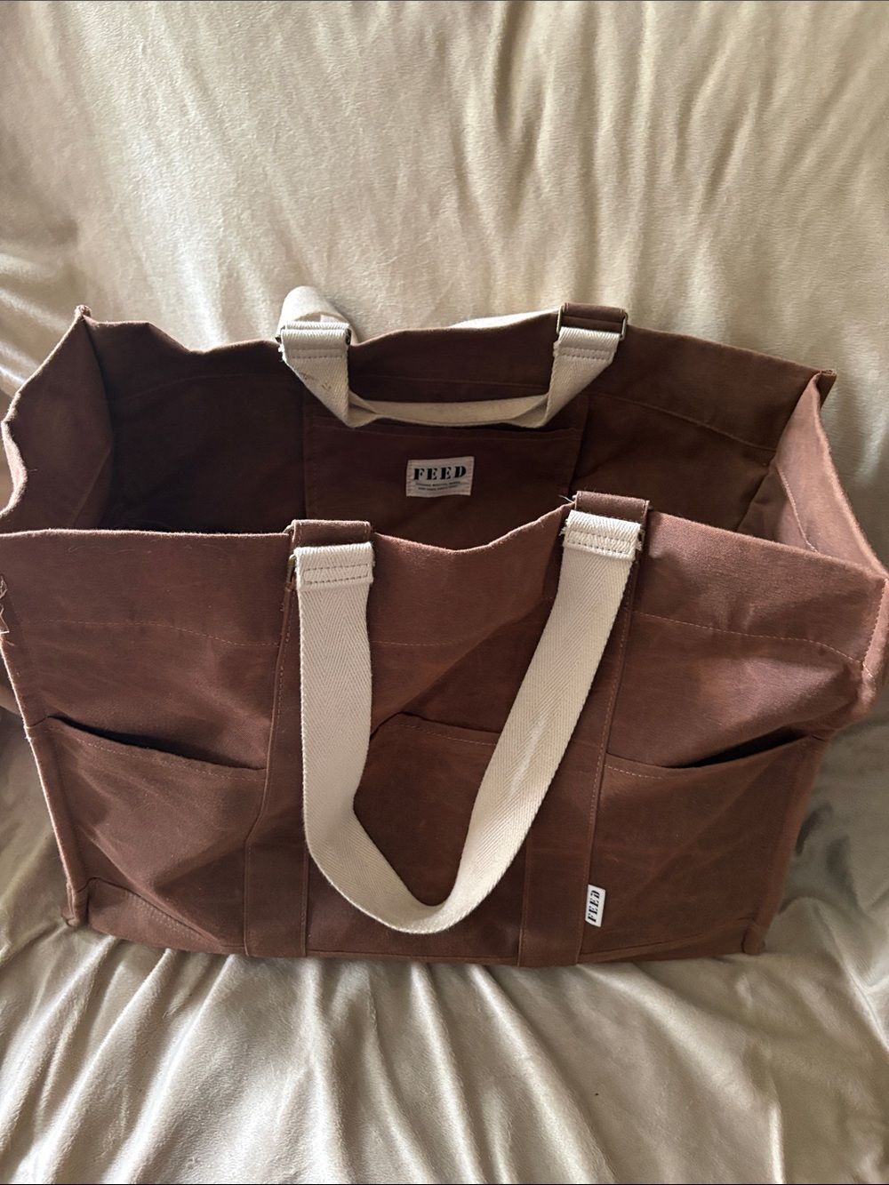 FEED Brown Canvas Tote Bag with Contrast Straps